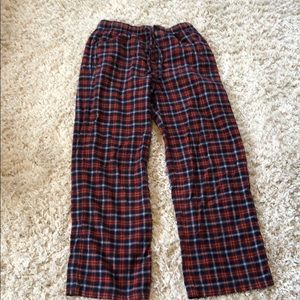 Blue and orange plaid sweatpants.